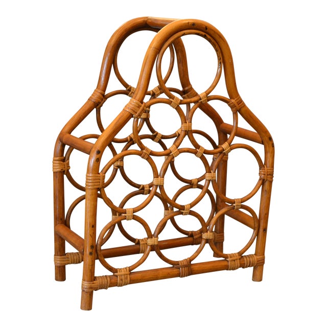 Boho Chic Bamboo and Rattan Nine Bottle Wine Rack, Wine Storage, Wine Basket For Sale