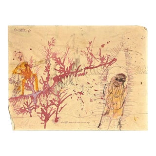 Sergio Barletta, Landscape With Figures, 1961, Original Ink and Watercolor For Sale