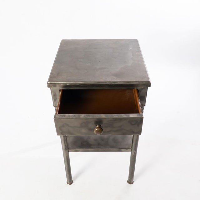 1930's American Industrial brushed metal one drawer stand. Original decal underneath. Made in Buffalo, NY. Protected with...