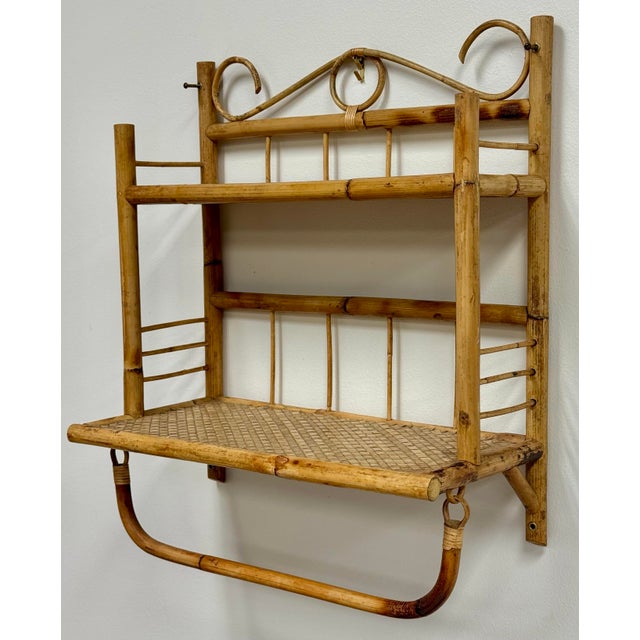 Boho Chic Vintage Bamboo and Wicker Wall Shelf With Towel Rack For Sale - Image 3 of 9