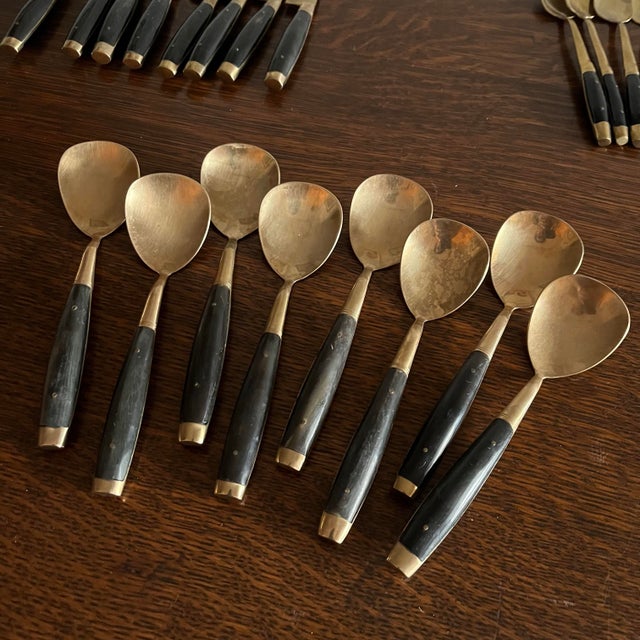 Metal 1960s Mid-Century Modern Black & Brass Flatware Set – 50 Pieces, Stainless Steel With Riveted Handles - Utensils For Sale - Image 7 of 9