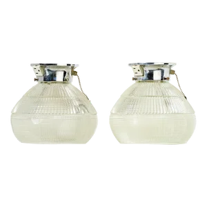 Pair of Mid 20th Century Chrome Ceiling or Wall Mount Industrial Lights With Cut Glass Hollophane Shades