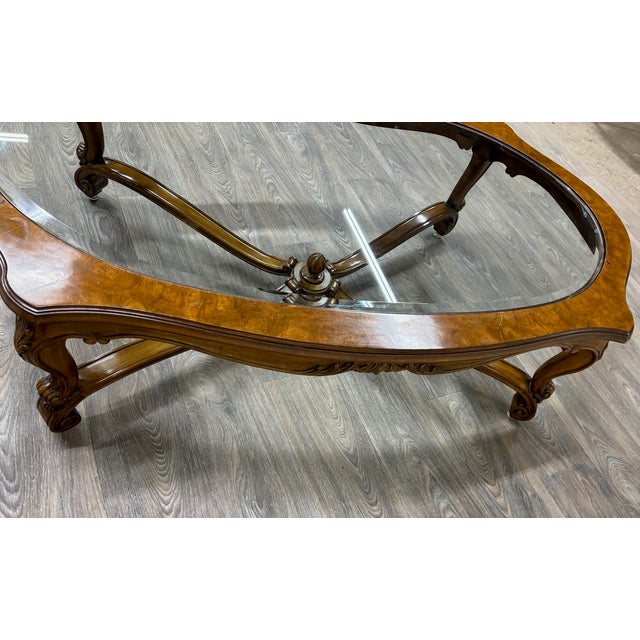 Vintage Karges Louis XV Style Hand Carved Walnut Glass Top Coffee Table For Sale - Image 10 of 14