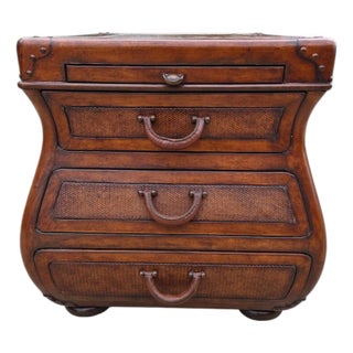 1990s Thomasville Leather Wrapped Rattan Side End Table Trunk East Indies W/ Storage For Sale