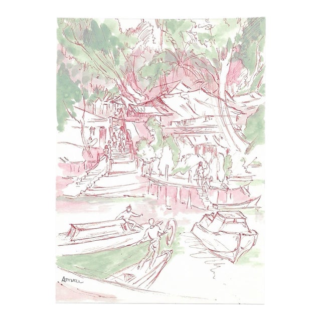 Ivy Attwell Southeast Asia Docks Watercolor For Sale