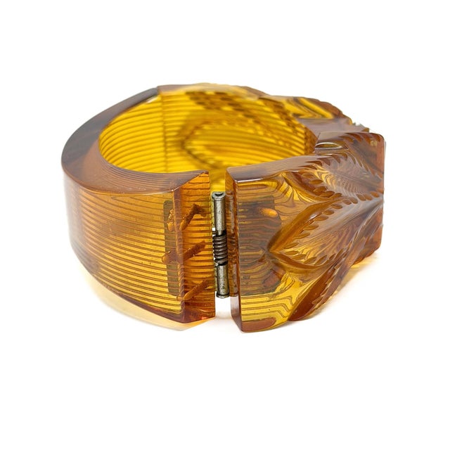 Vintage Art Deco Carved Bakelite and Paste Hinged Cuff, 1930s For Sale - Image 9 of 14