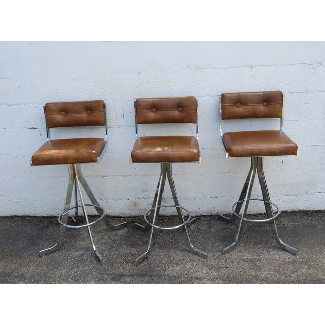 Retro Mid Century Modern Swivel Vinyl and Chrome Barstools a Set of Three 6373 For Sale - Image 16 of 17