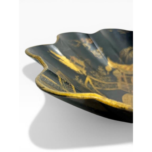Antique French Chinoiserie Papier Mache Scalloped Dish For Sale - Image 6 of 15