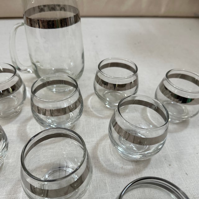 1970s Collection of Small Glasses and Matching Pitcher With Silver Accents- Set of 11 For Sale - Image 4 of 7