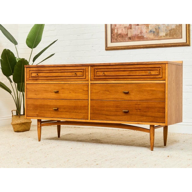 Mid-Century Modern 1960s Broyhill Sculptra Mid Century Walnut Six Drawer Lowboy Dresser For Sale - Image 3 of 11