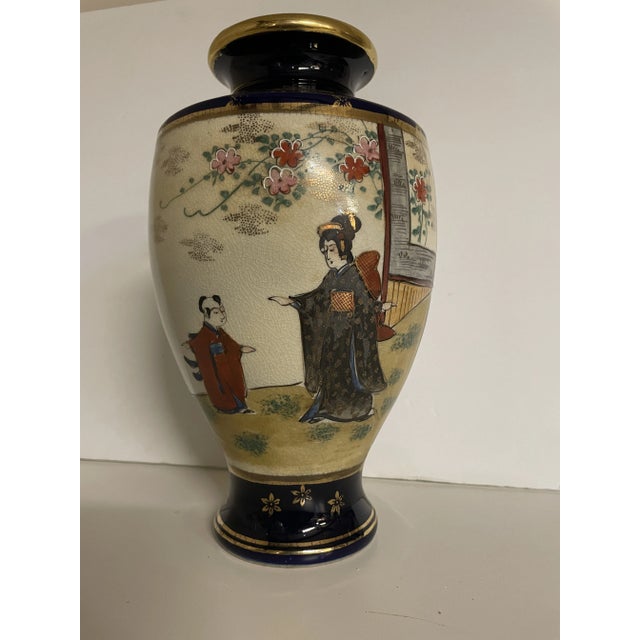 Metal Antique Japanese Meiji Satsuma Hand-Painted Figural Cabinet Vase, Black & Gold, 10” For Sale - Image 7 of 11