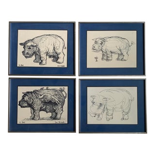 1970s Drawings of Hippopotamus by Ian Hornak, Framed - Set of 4 For Sale