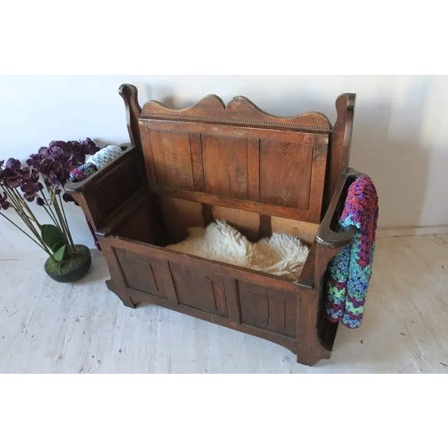 Brown Antique Oak Bench With Storage For Sale - Image 8 of 9