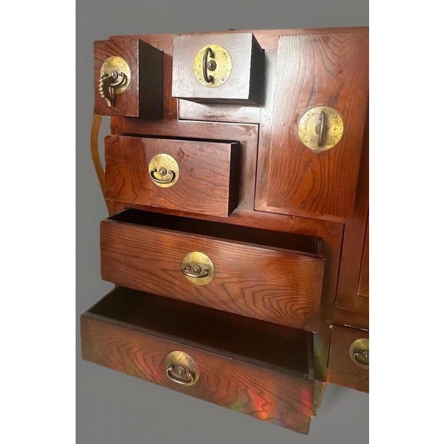 Japanese Late 20th Century Japanese Edo–Meiji Style Puzzle Tansu Cabinet, Two-Piece Elmwood Chest With Brass Hardware For Sale - Image 3 of 14