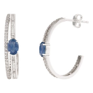 14k Gold 1.23ct Oval Cut Blue Sapphire & Diamond C- Hoop Earrings- A Pair For Sale