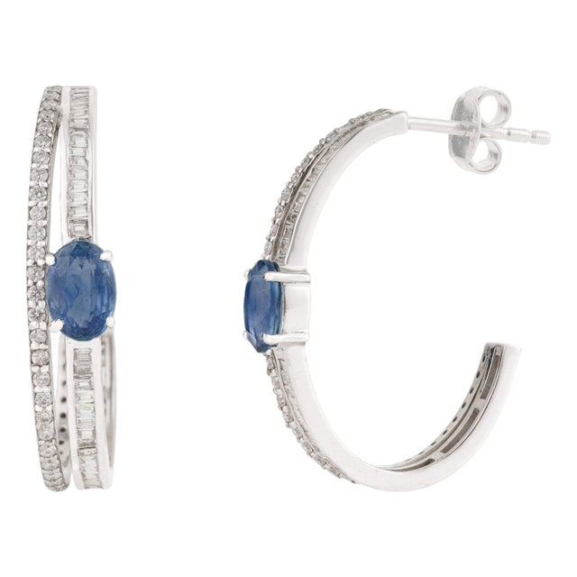 14k Gold 1.23ct Oval Cut Blue Sapphire & Diamond C- Hoop Earrings- A Pair For Sale