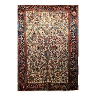 Vintage Persian Heriz Serapi Rug, Hand-Knotted Wool, All-Over Geometric Pattern, Ivory & Blue, 8x10 For Sale
