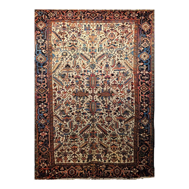 Vintage Persian Heriz Serapi Rug, Hand-Knotted Wool, All-Over Geometric Pattern, Ivory & Blue, 8x10 For Sale