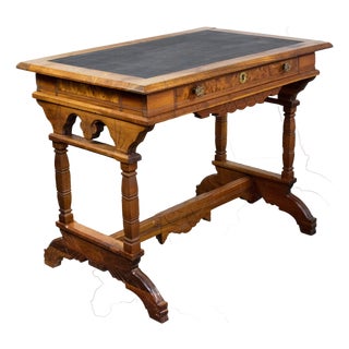 Late 19th Century Eastlake Victorian Style Ladies Writing Desk Walnut Burl and Faux Leather Top For Sale