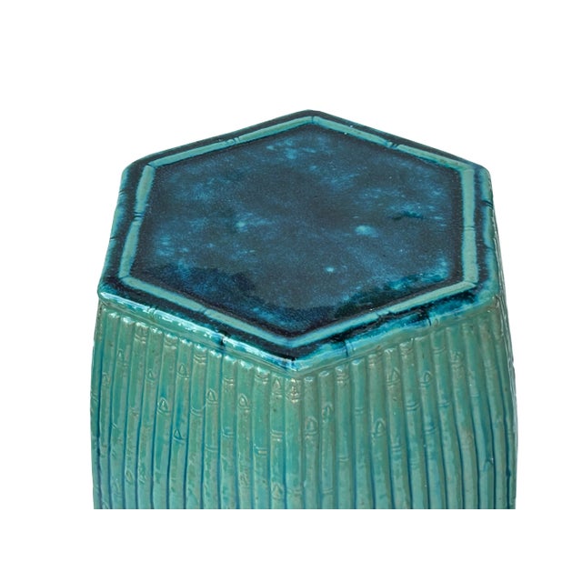 2000 - 2009 Chinese Hexagon Bamboo Theme Turquoise Green Ceramic Clay Garden Stool For Sale - Image 5 of 5