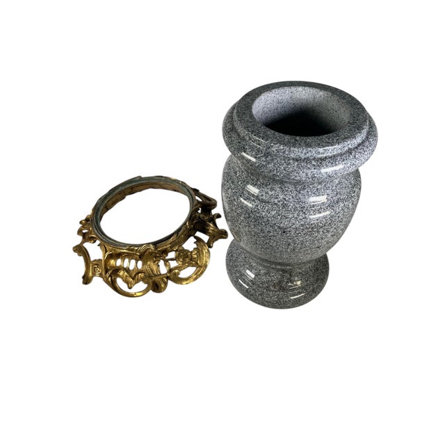French Gray and White Speckled Granite Urn on a Bronze Dore Louis XV Style Base For Sale - Image 3 of 10