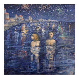 Giampaolo Talani "Mid-August Night" Oil on Board, Large Figurative Nocturne, Tuscan Coastal Art, Contemporary Art by Italian Master, 2000 For Sale