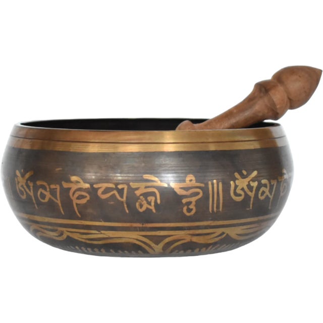 Metal Tibetan Brass Singing Bowl With 5 Dhyani Buddhas For Sale - Image 7 of 7
