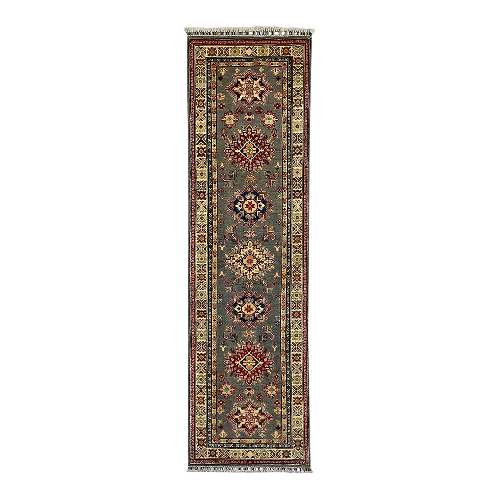 Charcoal Gray, Cream and Red Kazak Wool Runner Rug, 2'8