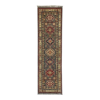 Charcoal Gray, Cream and Red Kazak Wool Runner Rug, 2'8" X 9'6" For Sale