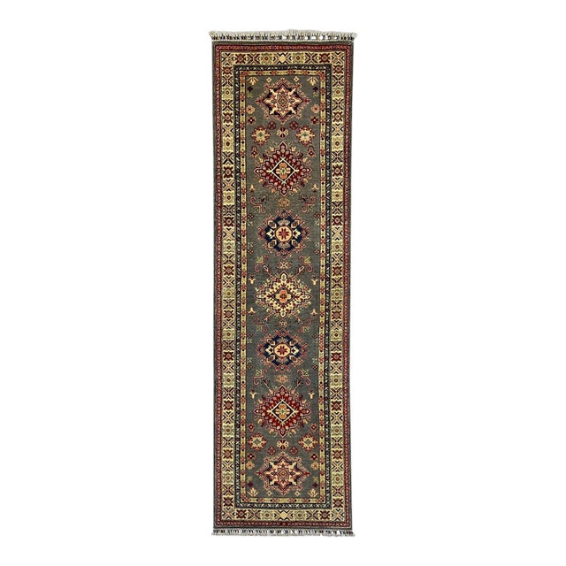 Charcoal Gray, Cream and Red Kazak Wool Runner Rug, 2'8" X 9'6" For Sale