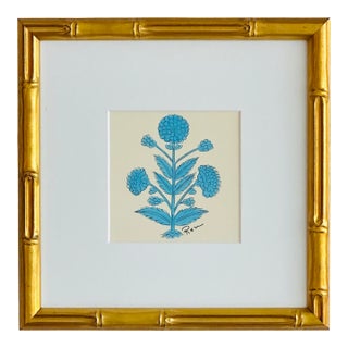 Hand-Painted Jaipuri Blue Floral Motif Painting. Framed For Sale