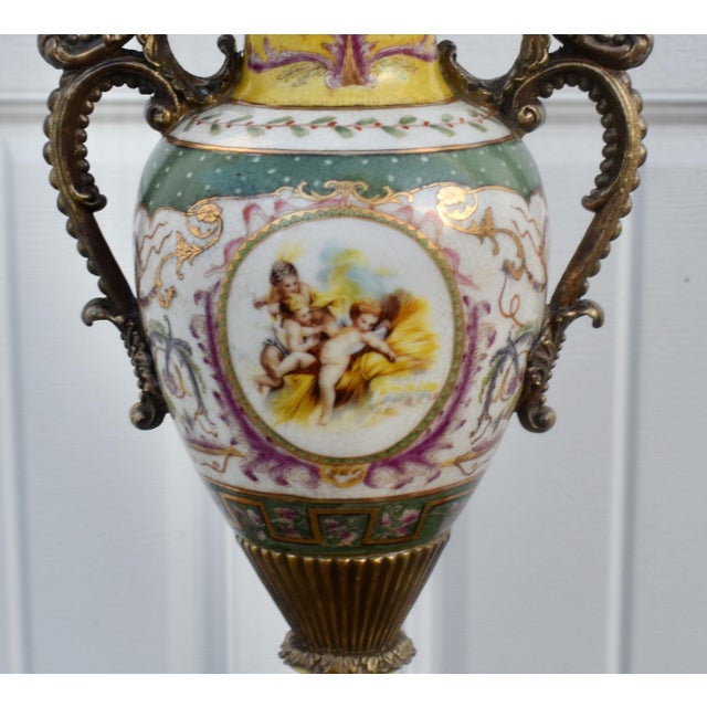 French French Sevres Style Porcelain Urn Vase Vintage Gilt Bronze Ormolu Cherub Putti For Sale - Image 3 of 14