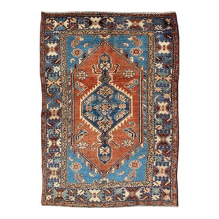 Antique Persian Karadjeh Rug With Tribal Medallion in Rust Red and Bright Blue 3'10"x5'7" For Sale