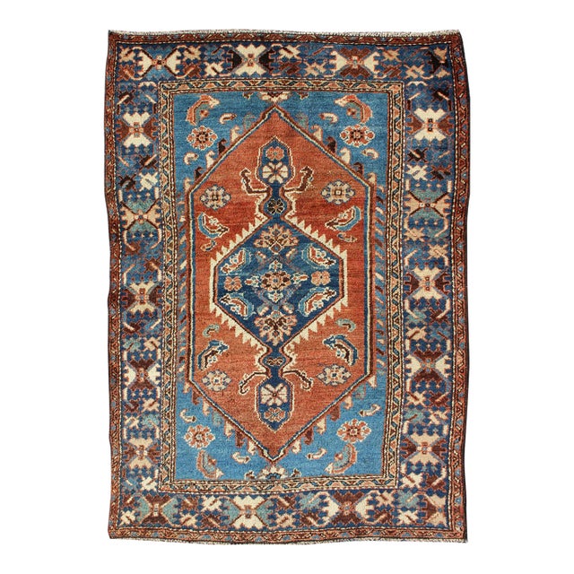 Antique Persian Karadjeh Rug With Tribal Medallion in Rust Red and Bright Blue 3'10"x5'7" For Sale