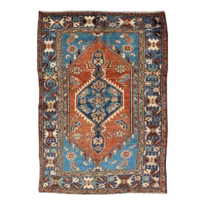 Antique Persian Karadjeh Rug With Tribal Medallion in Rust Red and Bright Blue 3'10"x5'7"