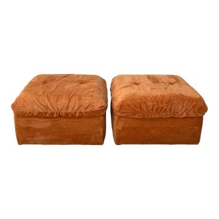 Mod Mid-Century Orange Large Scale Square Ottomans, a Pair For Sale