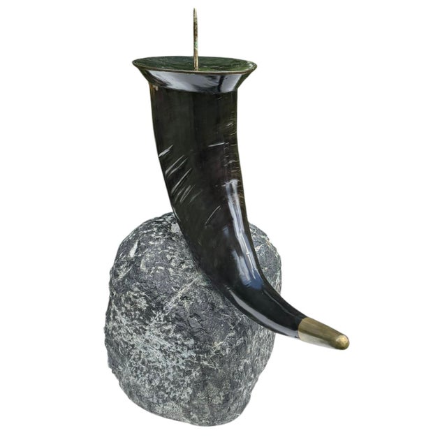Striking vintage Maitland-Smith sculptural candleholder featuring a dramatic curved black horn-form element mounted on a...