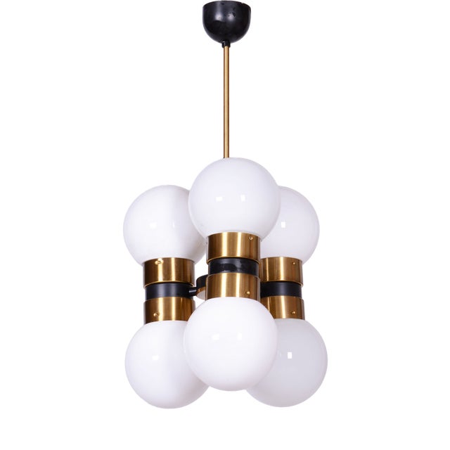 Mid-Century Chandelier in Brass and Opaline Glass, Czech, 1960s For Sale