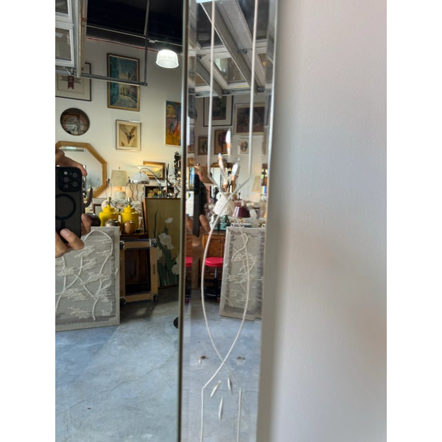 1960’s Hollywood Regency Beveled Glass Wall Mirror With Etched Detailing For Sale In Miami - Image 6 of 12