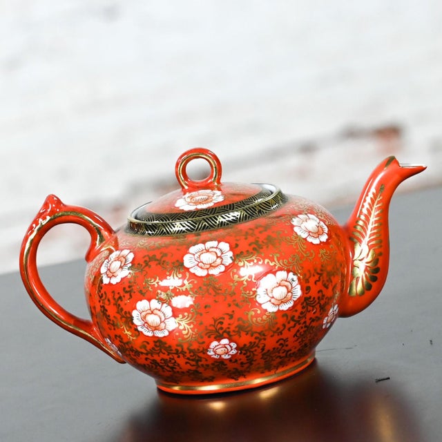 Mid 20th Century Mid-20th Century Oriental Chinese Red & Gold Hand Painted Porcelain Tea Set Made in Japan For Sale - Image 5 of 12