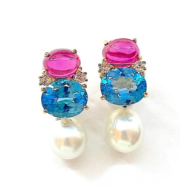 Christina Addison Medium 18kt Yellow Gold Gum Drop™ Earrings With Pink Topaz and Diamonds With Detachable Pearls For Sale In New York - Image 6 of 12