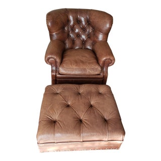 1990's Vintage Ralph Lauren Distressed Leather "Writers" Chair & Ottoman For Sale