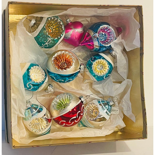 Stunning set of vintage Christmas ornaments, European blown glass with indentations and handpainted. In a gold tone card...
