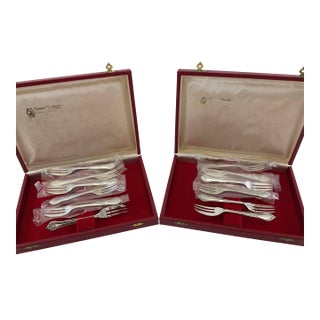 1980s Silver Plated 12 Pastry Forks with Cases, Chesterfield. For Sale