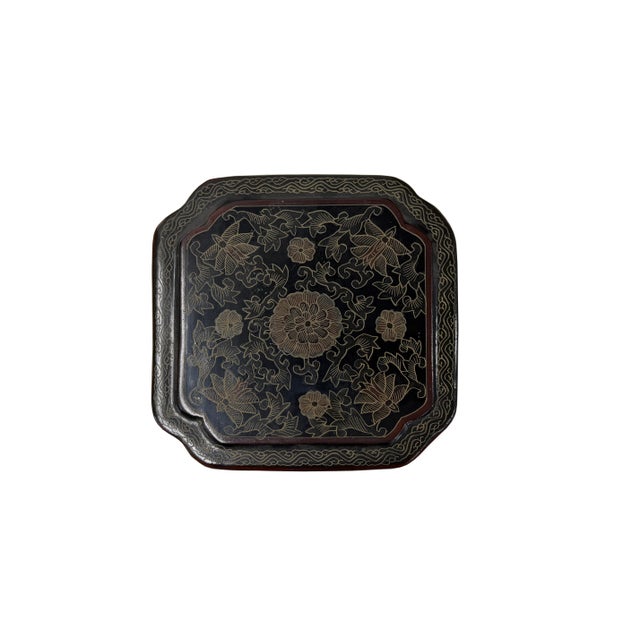 Vintage Chinese Black & Gold Lacquered Wood Basket Floral Geometric Motifs For Sale - Image 11 of 11