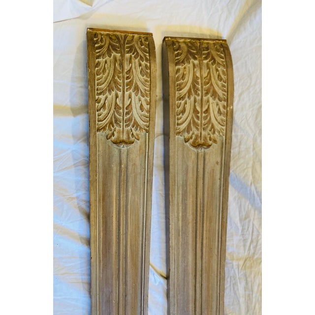 Vintage pair of architectural fragments made of oak, with brushed painted finish at front sides, carve leaf pattern at top...