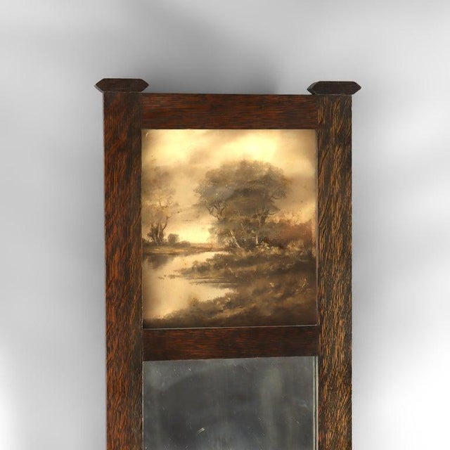Arts & Crafts 43" Stickley Style Arts & Crafts Oak Trumeau Printed Landscape Wall Mirror C1920 For Sale - Image 3 of 8