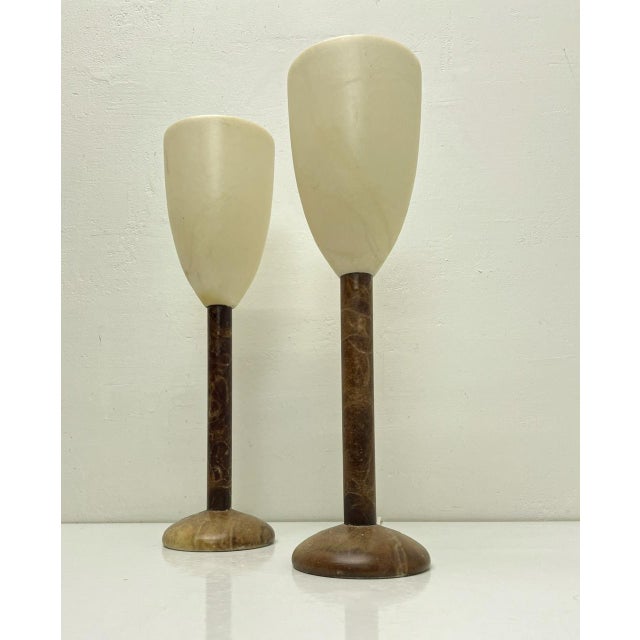 A pair of Mid-Century Alabaster Table Lamps. In two colors. Very cozy and warm with their appealing and timeless organic...