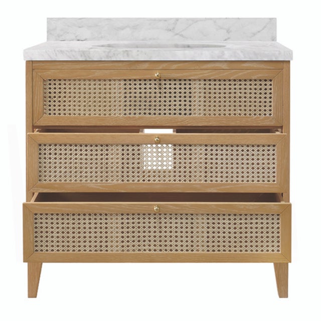 2020s Matthew Izzo Home Wynn Cerused Oak Single Porcelain Sink, Two Door Bath Vanity With Carrara Marble Top and Brass Knobs For Sale - Image 5 of 9