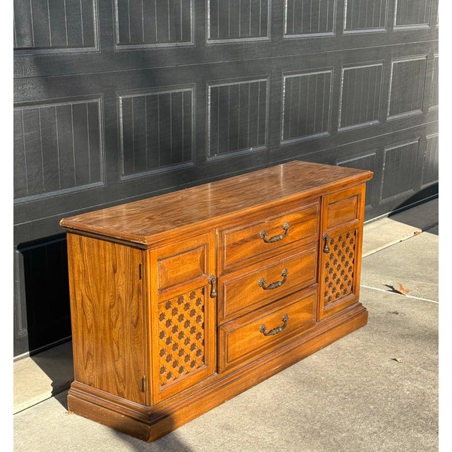 Mid-Century Modern Vintage Style Cane Front Buffet With Brass Hardware For Sale - Image 3 of 6